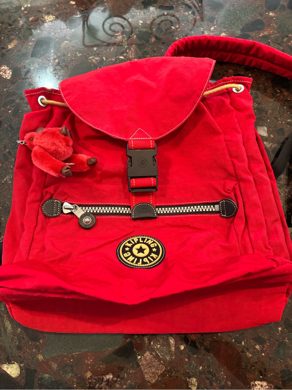 Kipling Red Canvas Backpack with Front Zip and Monkey Charm